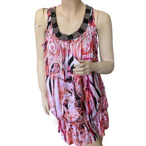 Inois Multicolored Print Beaded Sleeveless Top Tunic Blouse Cami Women's Size XL